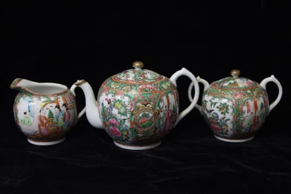 19th.C Chinese Rose Medallion Teapot and Creamer Set
