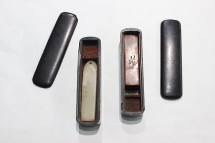 Two Vintage Chinese Soapstone Seals w Original Cas
