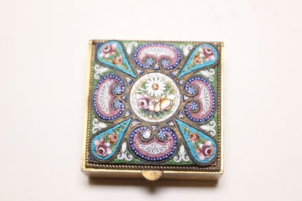 Vintage Italian Micro Mosaic Brass Floral Pill Box