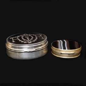 Two English Oval Silver box w Agate inlaid