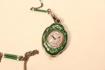 Enamel and Silver Pendant Watch Necklace