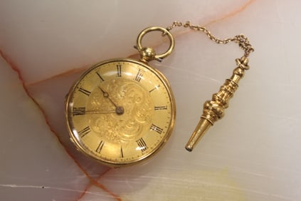 Enamel on Gold Open Face Pocket Watch