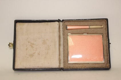 Enamel Silver Cigarette Case w Cigarette Holder