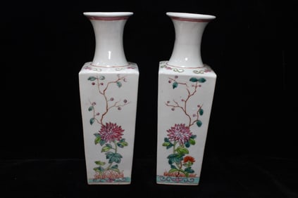Pair of Chinese Famille Rose Square Vases, 19th C