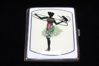 Enamel Silver Cigarette Case w a Dancer and Monkey