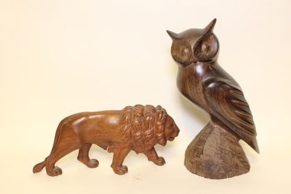 Wood Carved Owl and Lion