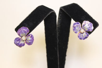 Pair of Enamel Flower Gold Plated Earring Set