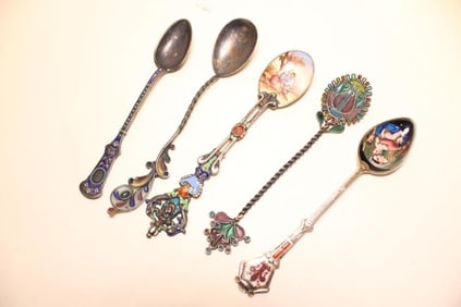 Lots of 5 Vintage Enamel on Silver Spoon w