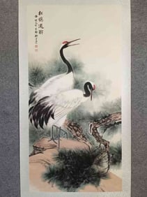 Chinese Ink Color Scroll Painting,Cranes