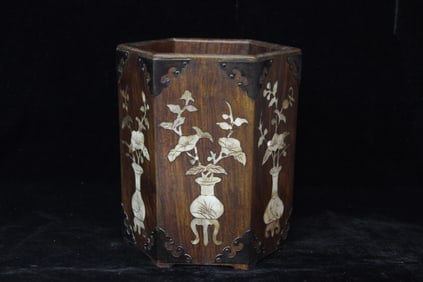 Chinese Wood Carved Hexagon Brushpot