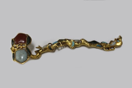 Chinese Gilt Bronze Ruyi w Stone Inlaid