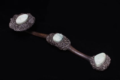 Chinese Wood Carved Ruyi w Jadeite Inlaid