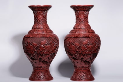 Pair of Chinese Lacquer Wood Carved Vases