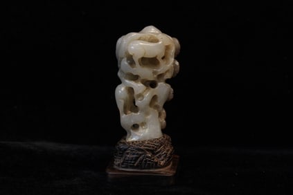 Chinese Jade Carved Boulder w Russet