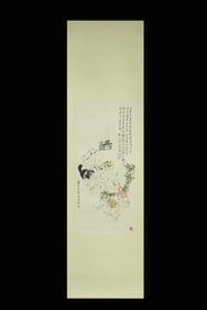 Cats,Chinese Ink Color Scroll Painting w Signature