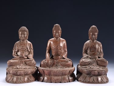 Chinese Bamboo Carved Buddha Statue Set