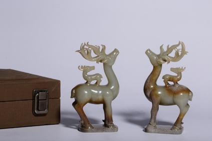 pair of Chinese Jade Carved Deers