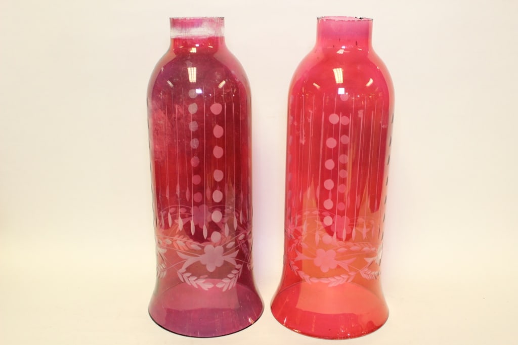 Pair of Cranberry Hurricane Glass Lamp Shade (1 of 7)