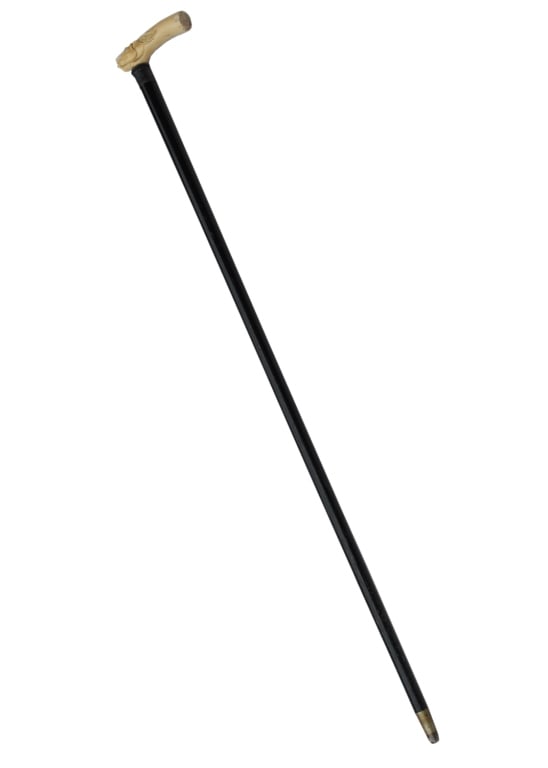 Antique Walking Stick w Carved Bone Handle,Silver: Antique walking stick with carved Bone handle, embossed silver collar. Dimension:35 3/4"L Provenance: From a Long Island ,NY Private Collector
