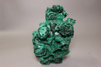 Fine Carved Malachite Floral Cover Vase