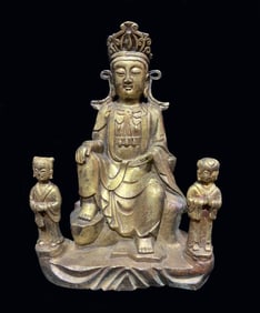 Chinese Gilt Bronze Seat Buddha w Boys