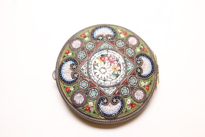Antique Micro Mosaic Brass Round Powder Box.