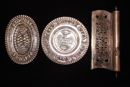 Silver Seder Plate, oval silver sabre dish and maz