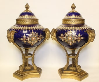 Pair of Bronze and Porcelain Serve Jeweled Vase