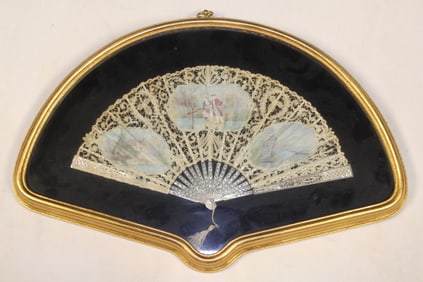 Vintage Hand Painted Folding Fan w/Lace in Frame