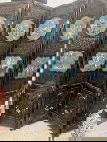 Vintage Chinese Cloisonne Inlaid Lacquer Wood Pane