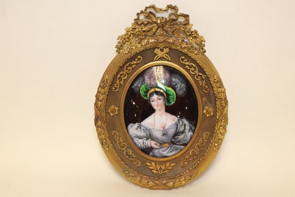 Oval Enamel Miniature Plaque w Bronze Frame
