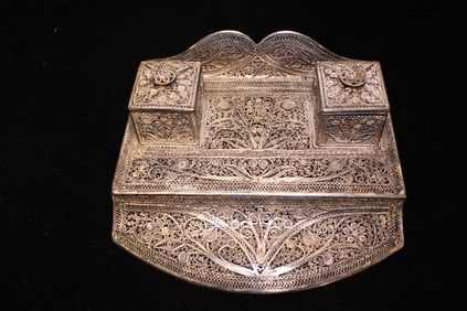 Antique Silver Filigree Inkwell Desk Stand
