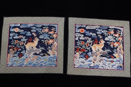 Two Chinese Silk Square Embroidered Panel Textiles