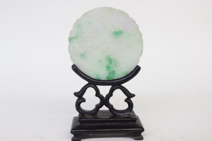 Chinese Jadeite Carved Round Plaque on Wood Stand