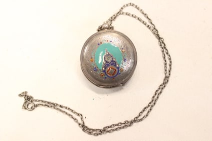 Enamel on Silver Pocket Watch w Silver Chain for T