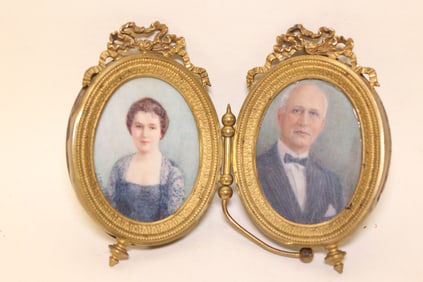 Hand Paint Two Miniature Portraits w Folding Frame