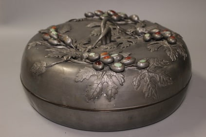 Large Chinese Pewter Round Cover Box w Jadeite Inl