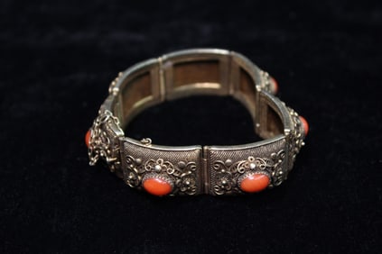 Chinese Filigree Bracelet Cuff w Coral