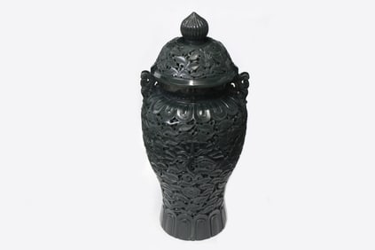 Chinese Spinach Jade Carved Lid Vase, Open Work