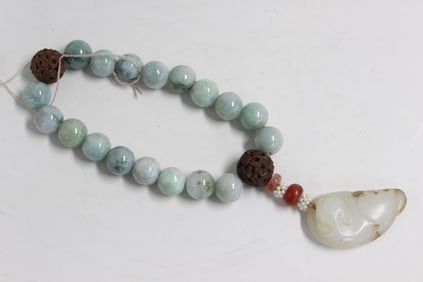 Chinese Jadeite Beads Bracelet w Jade Pendant