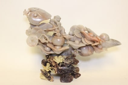 Chinese Soapstone Carved Boy,Ruyi and Yuanbao