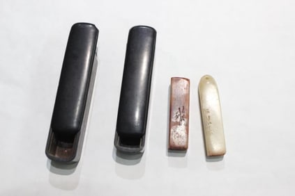 Two Vintage Chinese Soapstone Seals w Original Cas