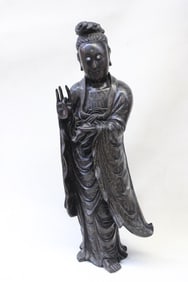 Tall Chinese Wood Carved Standing Guanyin Statue