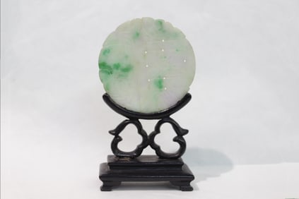 Chinese Jadeite Round Plaque w Wood Stand