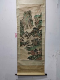 Chinese Ink Color Landscape Scroll Painting w Red