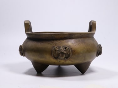 Chinese Bronze Footed Incense Burner w Bats
