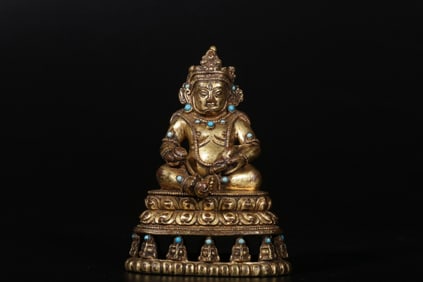 Qing Chinese Gilt Bronze Buddha Statue w Turquoise