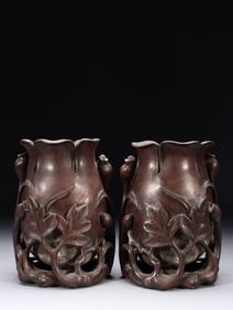 Chinese Chengxiang Wood Carved Vase,Pair