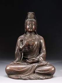 Chinese Bronze Guanyin Statue w Silver Inlaid