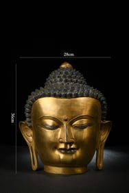 Chinese Gilt Bronze Buddha Head w Silver Eye inlai